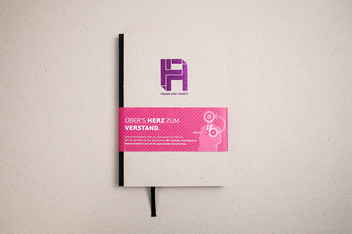 Minimalistisches edles Notizbuch, Architekten Architekturbüro mit besonderem Logo geprägt mit Glanzfolie und Banderole nach Kundenwunsch bedruckt hergestellt von tyyp