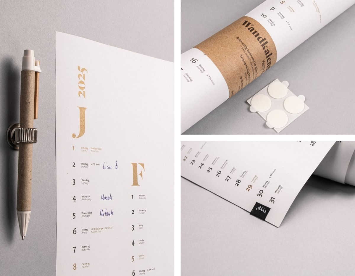 Wandkalender 2025 - Jahreskalender aus 100 % Recyclingpapier mit Klebepunkten zum ankleben an die Wand inklusive- tyyp