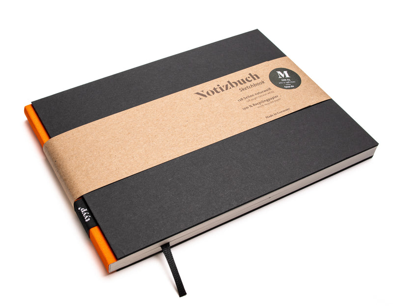 Design Notizbuch Querformat A5 aus 100 % Recyclingpapier „BerlinBook“ - Schwarz-Orange - tyyp